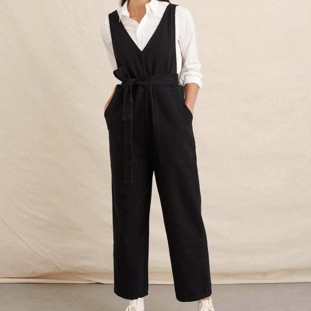 Alex Mill Black Ollie Overall Recycled Denim Tie Waist Jumpsuit Size Large